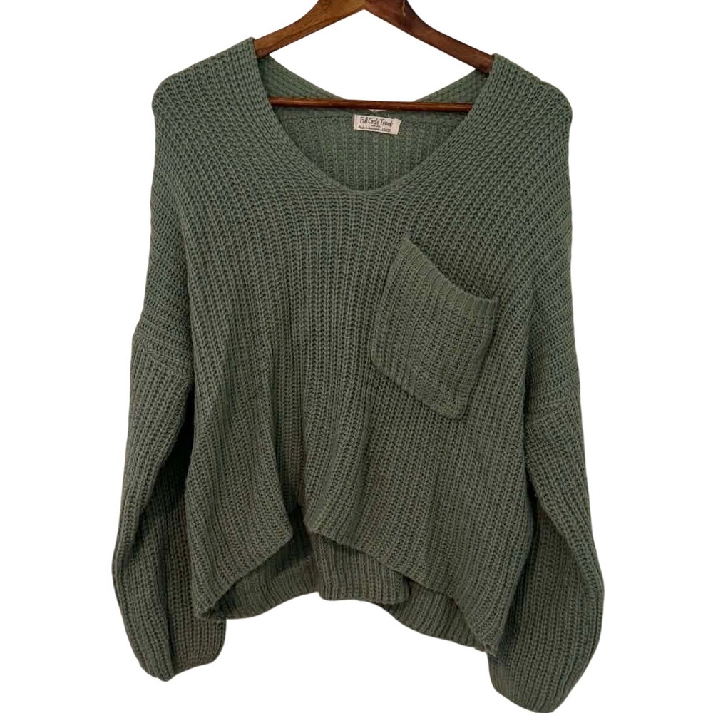 Full Circle Trends Sweater Womens L Green Excellent V-Neck Waffle Knit Pocket